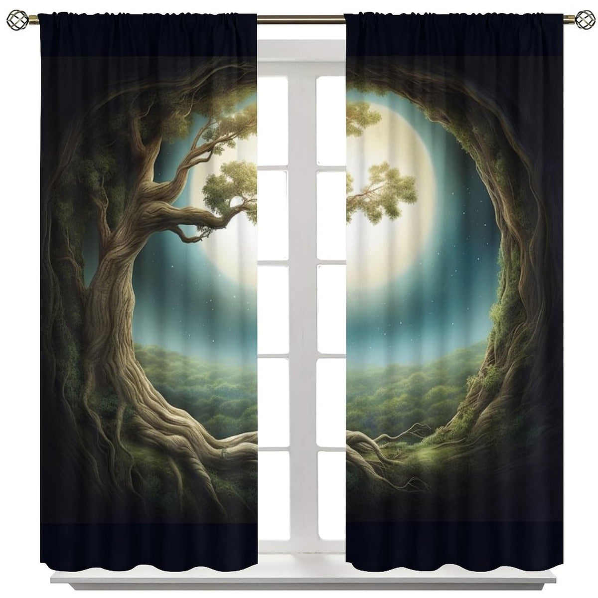 Fantasy Forest Blackout Curtains - Magic Forest Trees Trunk Bright Moon Stars Theme Print Grommet Dr for Kids Boy Girl Baby Bedroom Nursery Living Room Decor Window Drapes 2 Panels 42x45 Inch