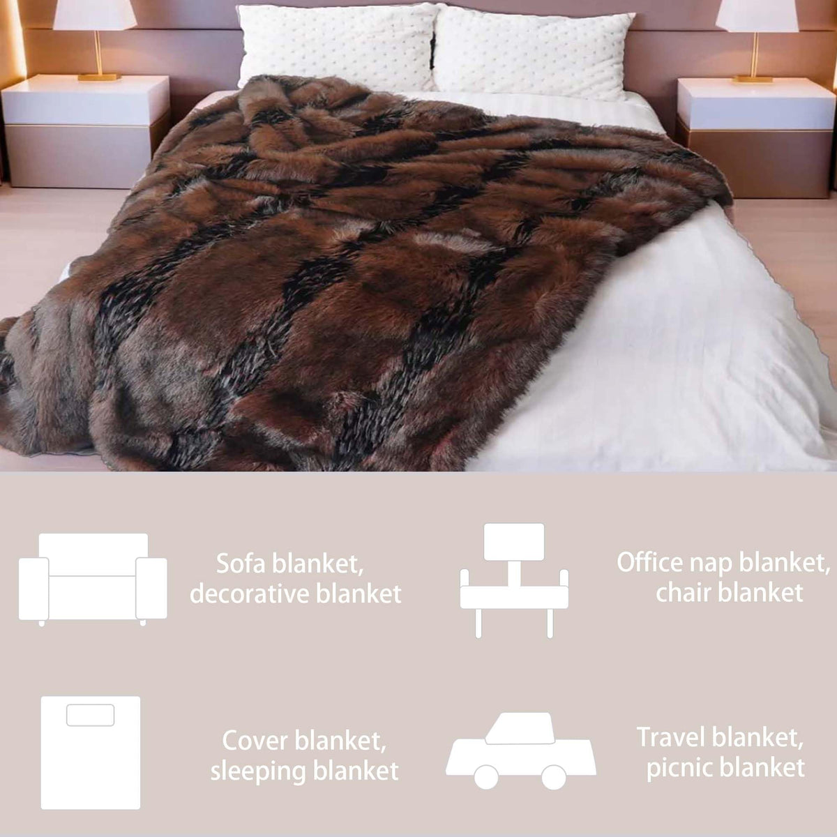 inchgrass Fox Faux Fur Blanket Luxury Fur Throw Blanket Sofa Fluffy Blanket Super Warm Elegant Cozy Fuzzy Throw Blankets for Couch,Armchair and Bed Washable Plush Blankets 74"x90" Brown Throw Blanket