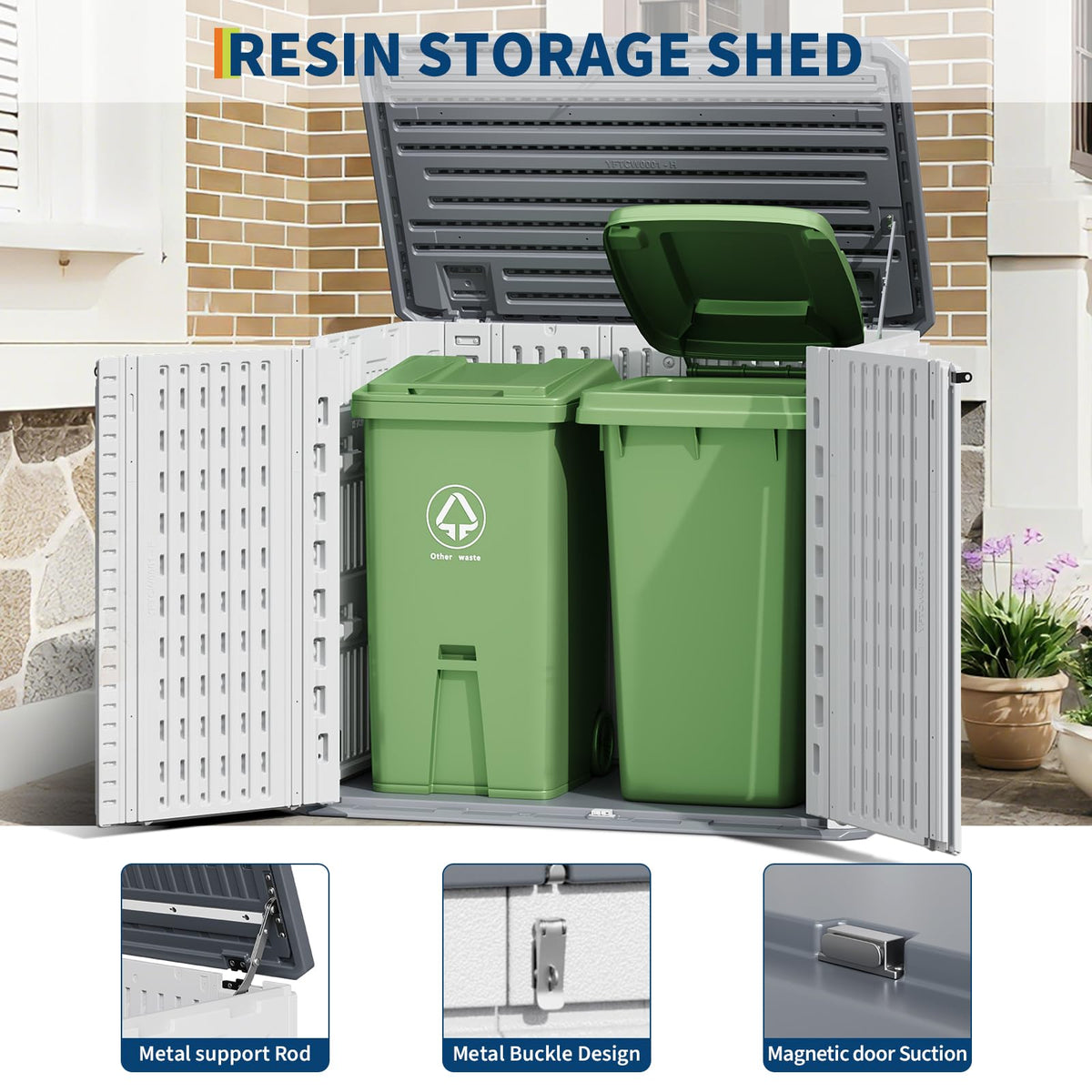 35 Cu ft Outdoor Storage Cabinet, Waterproof Outdoor Resin Storage Box, Outdoor Trash Can Storage for Patio Tools, Sofa Cushion, Lawn Mower and Garbage Cans