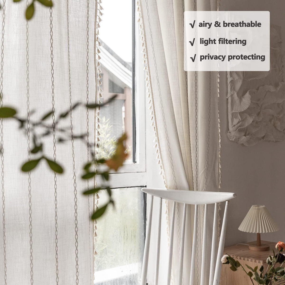 BCLBUSTE Boho Curtains Semi-Blackout 84 Inch 2 Panels for Living Room, Linen Tassels Farmhouse Curtains with Embroidery for Bedroom Rod Pocket Draperies 52" W x 84" L, Off White
