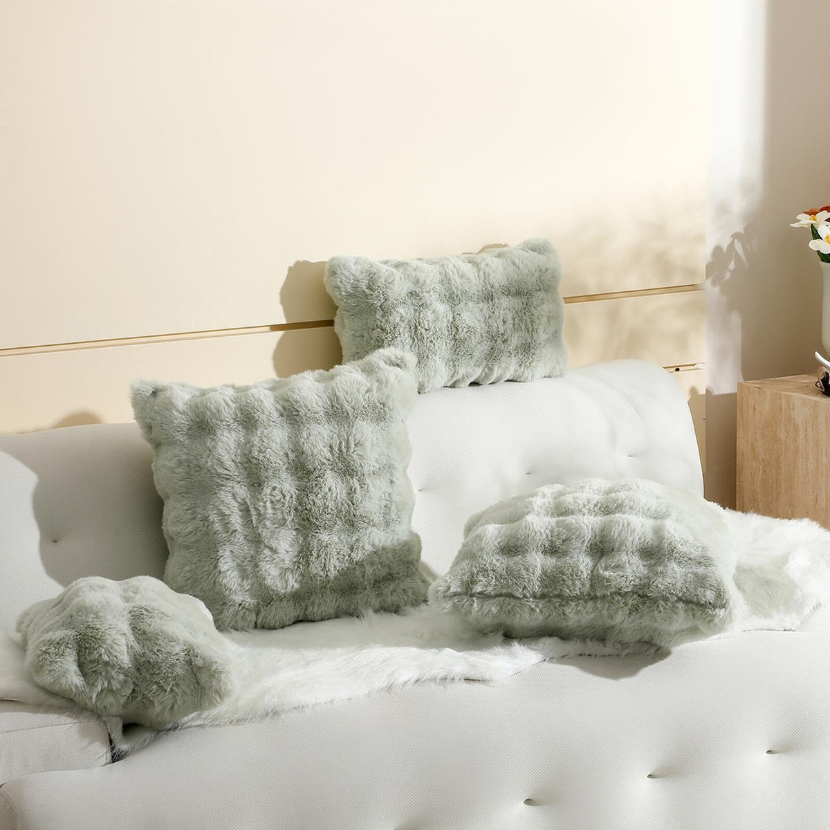 linmopm Excluding Insert Faux Rabbit Fur Bubble Pack of 2 Throw Pillow Cover Double Side 18x18 Inch Green Thick Plush Dense Fuzzy Decorative Cushion Covers for Couch Bedroom