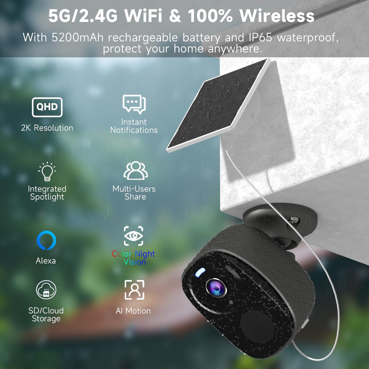 4PC 2K Security Camera Wireless Outdoor, Solar Camera for Home Security, Battery Powered WiFi Security Cameras with Color Night Vision, AI Motion Detection, 2-Way Audio, IP65, SD/Cloud, Works Alexa G