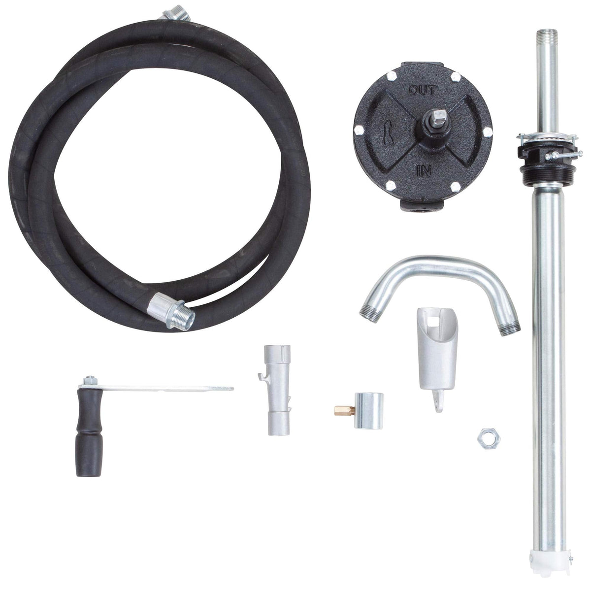 Groz Industrial Rotary Fuel Pump, FM-Approved Cast Iron, 3-Vane, 38 LPM/10 GPM, 8 ft Anti-Static Hose, Aluminum Nozzle, Vacuum Breaker & Flame Arrestor, 2 in Bung, Fits 15-55 Gal Drums (44082)