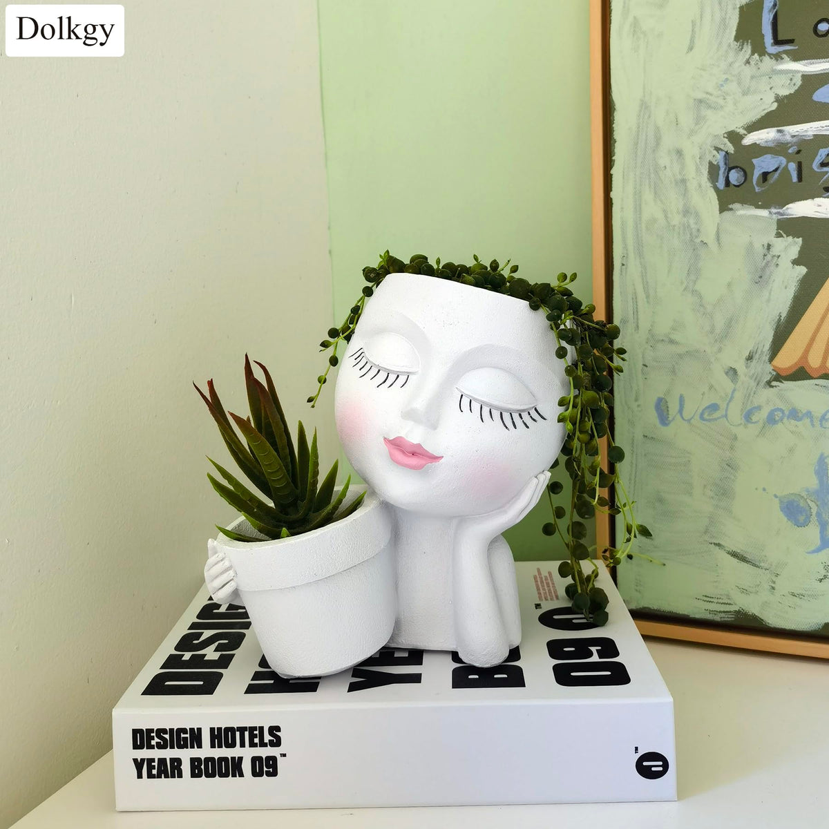 Head Planter Face Flower Pot, Dolkgy Woman Face Planter Unique White Head Planters for Indoor Outdoor Plants, Novelty Plant Pot Cute Lady Head Vase with Drainage Hole for Home Garden Succulents Cactus