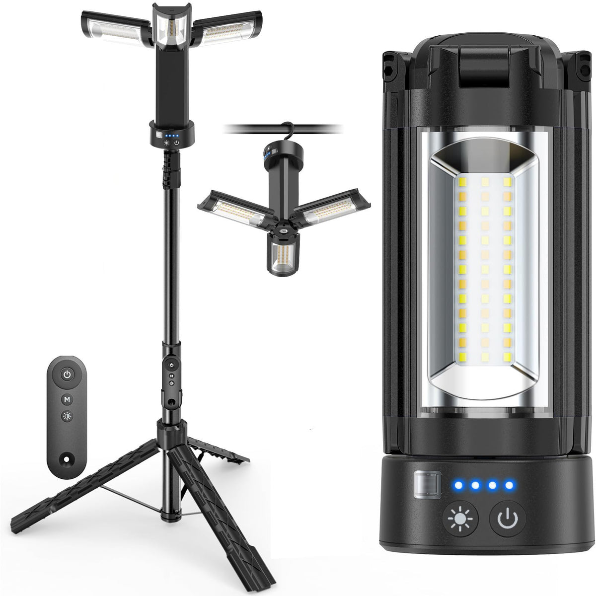 OGERY Camping Lights with Remote, 18000mAh Rechargeable Camping Lantern & LED Work Light, Detachable Tripod Stand up to 6.7 ft, 3 Lamp Heads for Camping Essentials & Emergency, Black