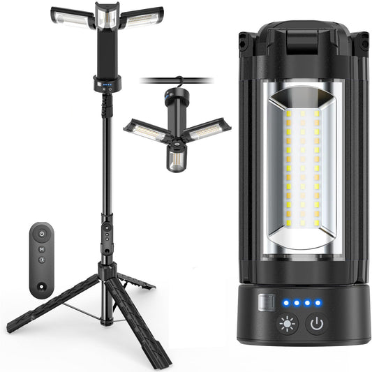 OGERY Camping Lights with Remote, 18000mAh Rechargeable Camping Lantern & LED Work Light, Detachable Tripod Stand up to 6.7 ft, 3 Lamp Heads for Camping Essentials & Emergency, Black