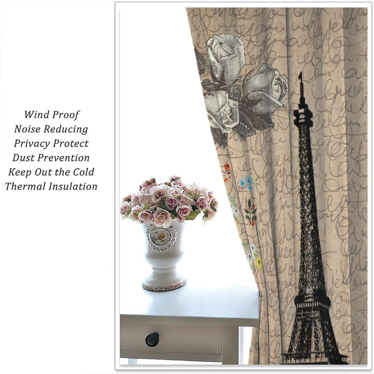 Vintage Paris Eiffel Tower Curtains - Rustic Romantic Rose French Paris Tower Old Bicycle Floral Window Curtain Room Darkening Blackout Thermal Insulated Rod Pocket Curtains 2 Panels 45"L x 21"W