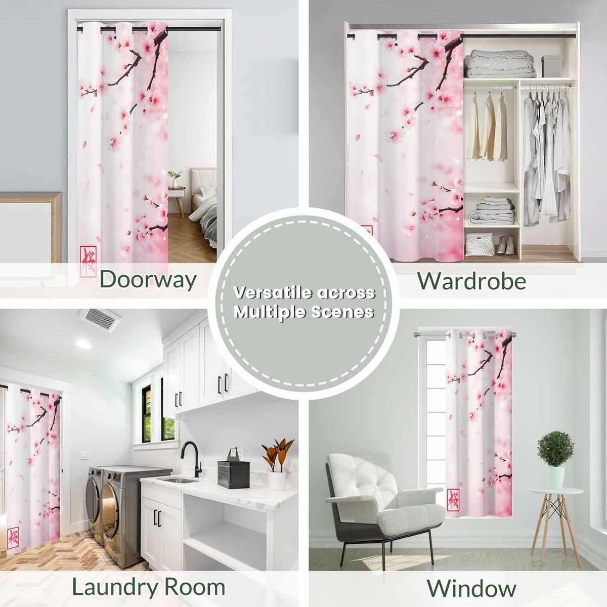 Haciadan Pink Floral Sliding Door Curtain Japan Cherry Branch Blooming Flowers Doorway Curtain 1 Panel 34" W X 80" L Door Drape for Kitchen Restaurant