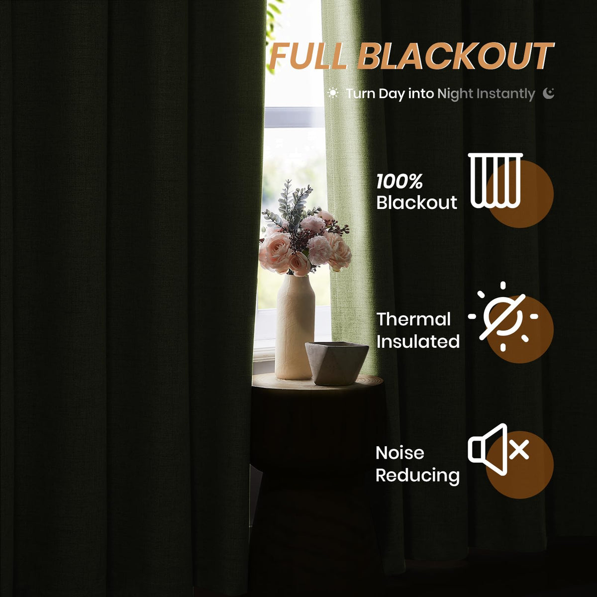 Melodieux Sage Green 100% Blackout Linen Curtains 84 Inch Length 2 Panels Set, Living Room Darkening Thermal Insulated Grommet Curtains, Bedroom Natural Farmhouse Burlap Textured Drapes, 42x84 inch