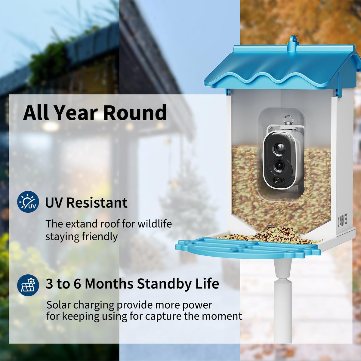 Garvee Smart Bird Feeder with 2K Camera & AI Recognition - Solar Powered, 2L Capacity, Night Vision, App Alerts, for Bird Watching, Squirrel Deterrent Function