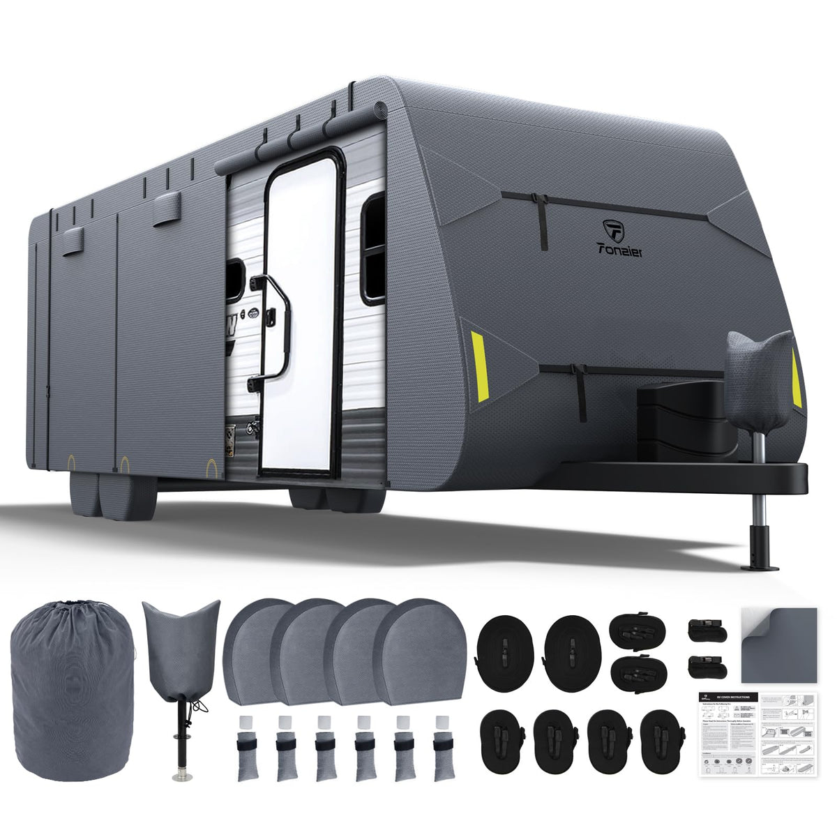 Fonzier RV Cover 28-31ft: Extra Thick 7 Layers Travel Trailer Cover with 4 Tire Covers, Waterproof Camper Cover, Extra Windproof Ropes, Gutter Cover, Rip-Stop Anti-UV