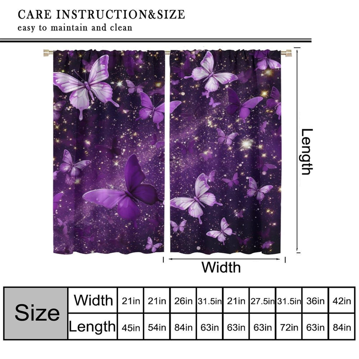PHTAYOT Butterfly Curtains, Purple Dream Fantasy Starlight Butterfly Pattern for Kids Girls Room Decor, Print Drapes for Living Room Bedroom Kitchen 2 Panel Set 20.5" W X 45" L