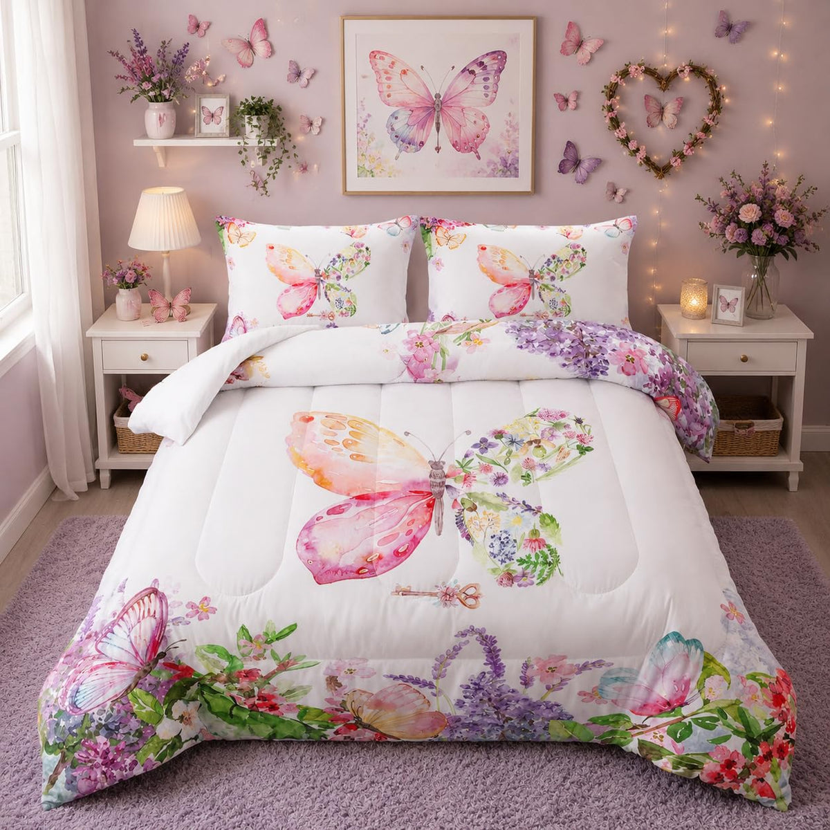 Nttopship Kids Butterfly Comforter Set King Size for Girls，Tie Dye Butterflies Bedding Set for Bedroom, Butterflies Toddler Bedding Set All Season 1 Comforter and 2 Pillowcases