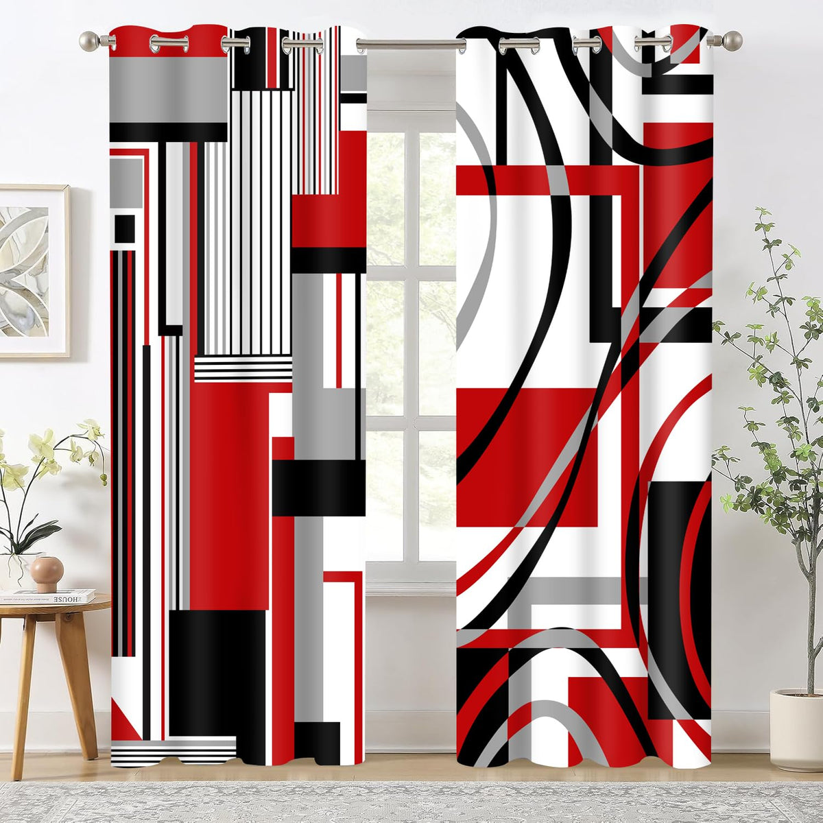 HIYSMT Red Black White Line Geometric Curtains,42x84inch Gray Red Plaid Striped Blackout Curtain,Abstract Red Modern Art Drape for Bedroom Living Room 2Panels HI01CL