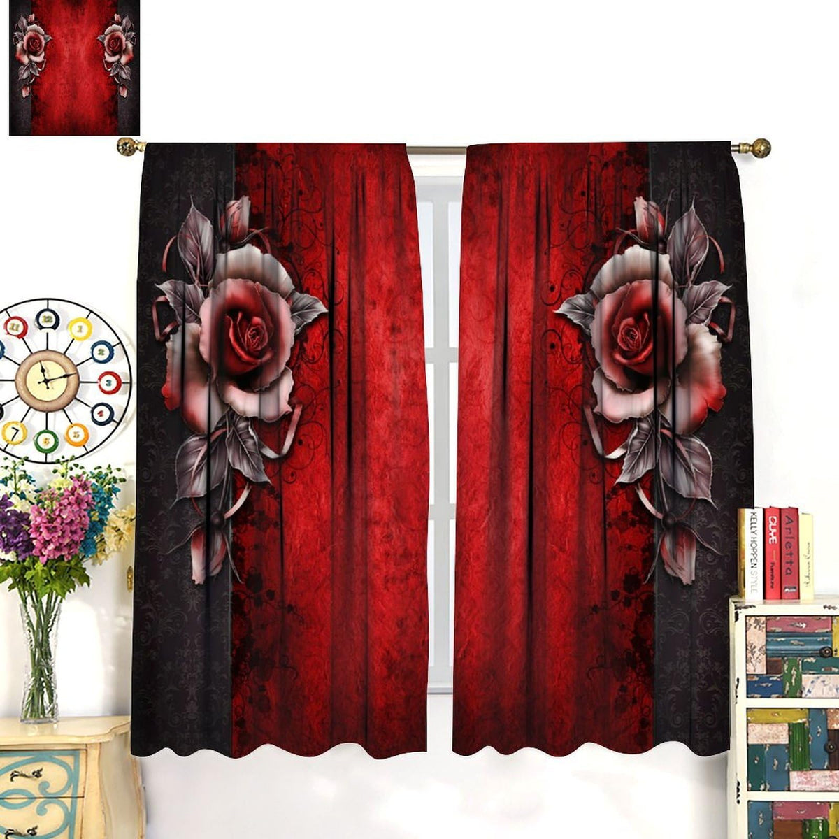 GoDazzling Retro Gothic Dream Rose Curtains, Red Rose Flower Abstract Rod Pocket Window Drapes, for Bedroom Living Room 41" W X 45" L (No Blackout)