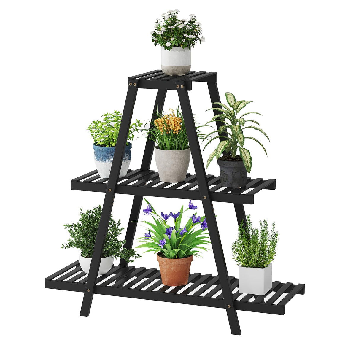 STDDRE Plant Stand For Indoor Outdoor Tiered Plant Shelf 3 Tier 8 Potted Bamboo Flower Holder Ladder Rack For Multiple Triangle Table Plant Pot Stand (Black)