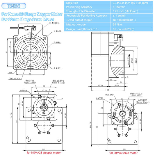 Hollow Rotary Actuator Ratio 10:1 with 1.2 Nm NEMA 23 57mm Closed-Loop Stepper Motor DSP Easy Servo170 oz.in 1000 Line Encoder Step Motor and 24-80VDC Driver, High Precision Hollow Rotating Table Kit