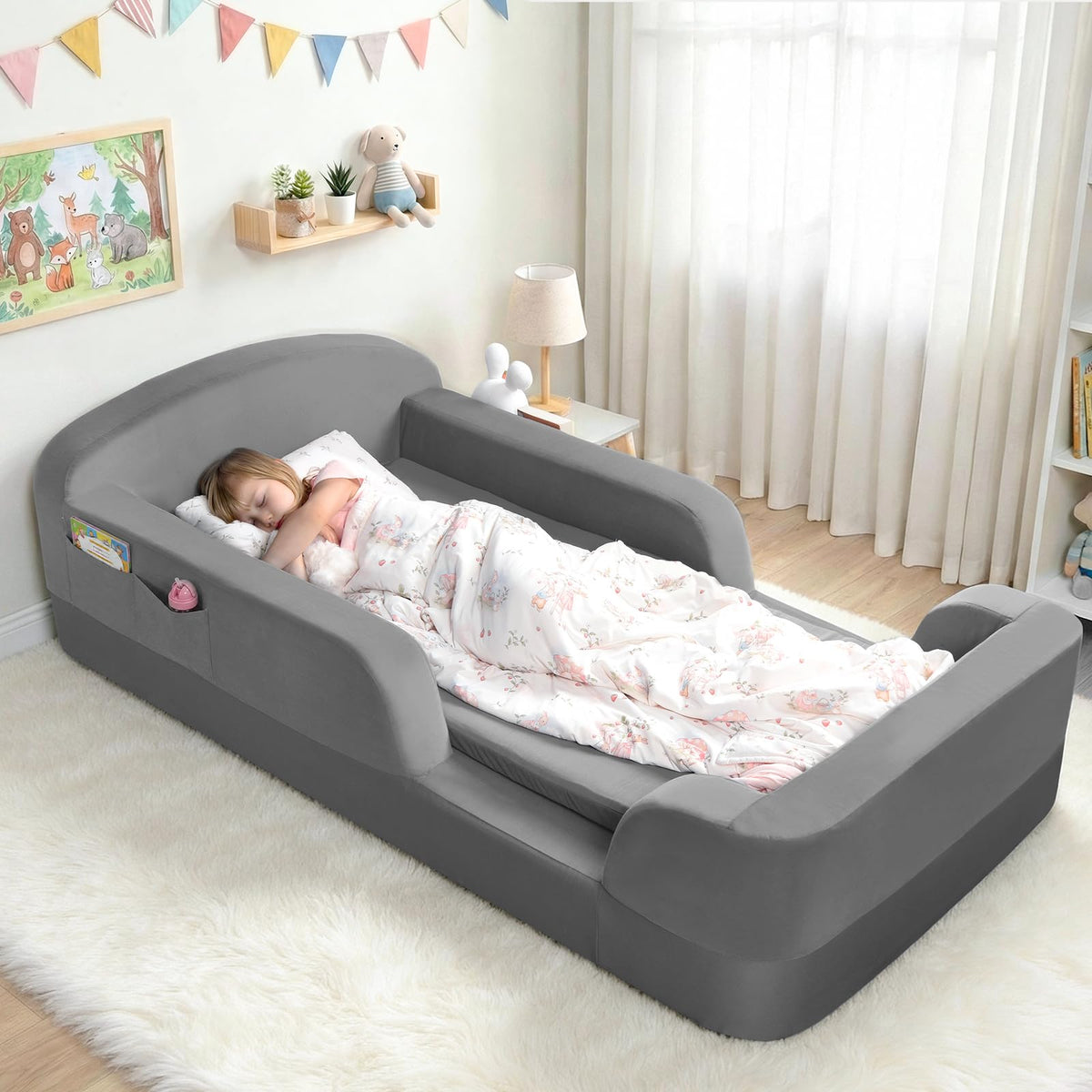 ENITYA Toddler Floor Bed, No Assembly Needed, Mattress Included, Boneless Kids Foam Bed with Built-in Guardrails, Ideal for Boys and Girls Aged 3-6 Years,Grey