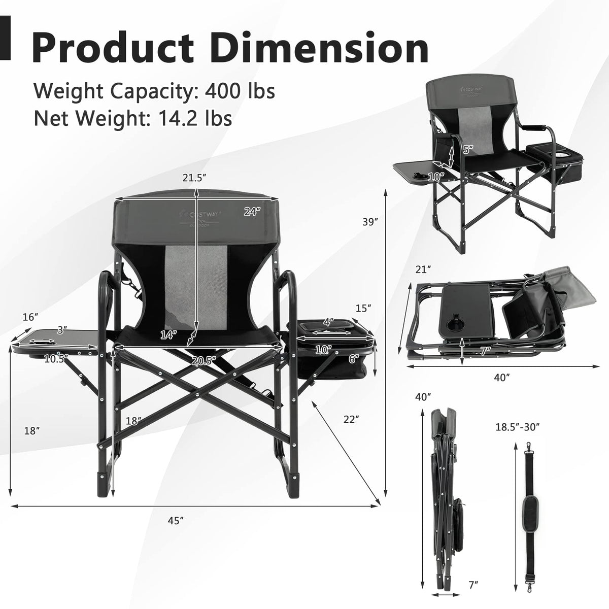 COSTWAY 2-Pack Folding Camping Chair, Heavy-Duty Director Chair Supports 400lbs for Adults with Side Table, Cooler Bag, Storage, Strap, Portable Makeup Chair Set of 2 for Fishing Picnic, Black