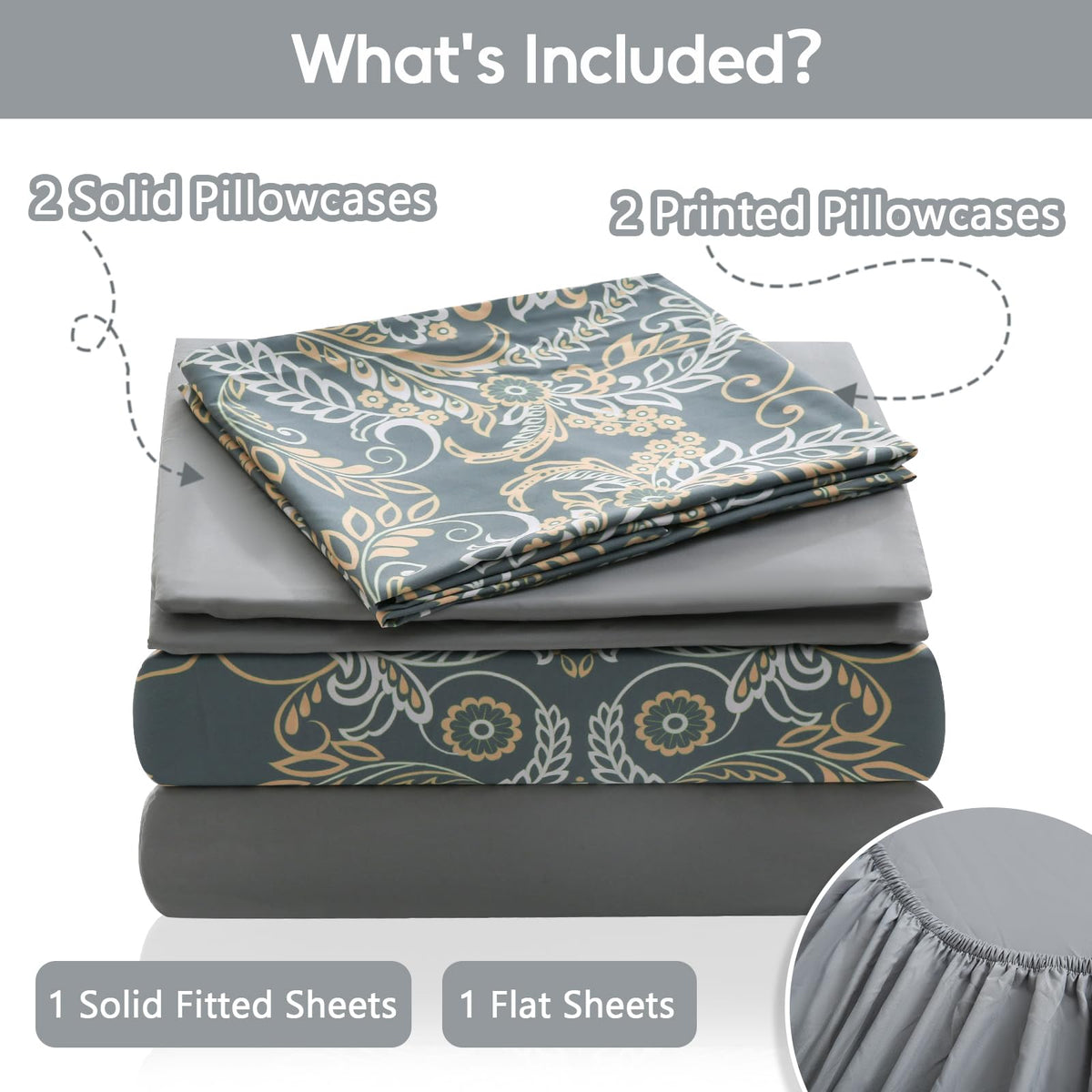 LONAVA Paisley King Size 6 Pcs Sheet Set, Breathable Microfiber Deep Pocket Grey Fitted Sheets, Comfy & Breathable Patterned Flat Sheets,4 Gentle Soft Pillowcases, Green Pasliey