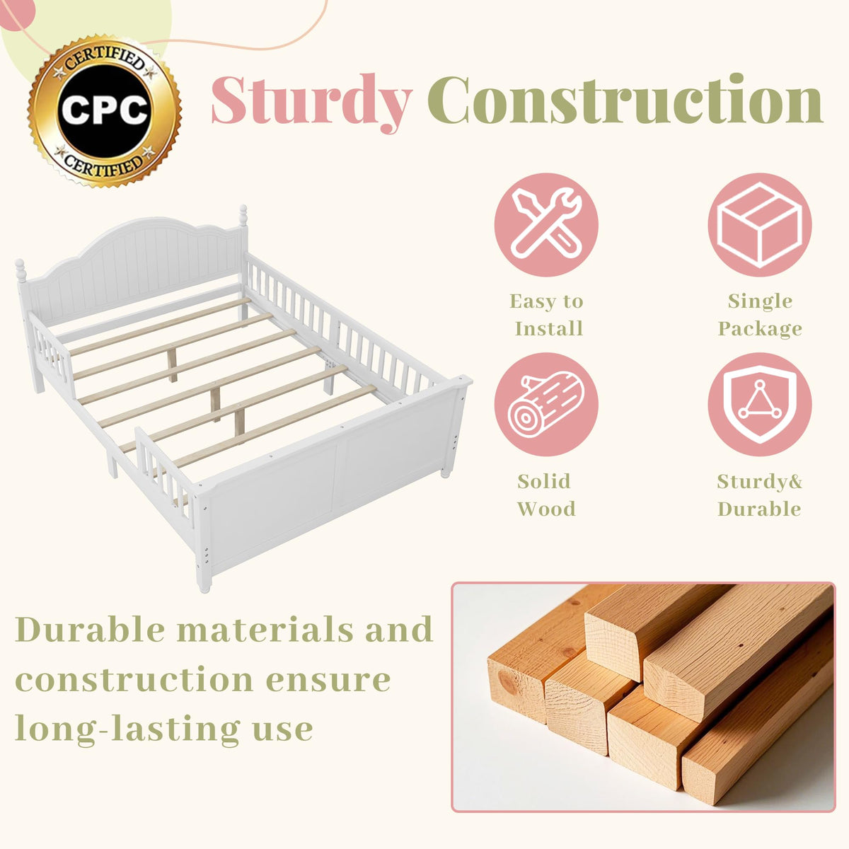 Aurnienofus Full Size Bed Frame Kids with Rails & Headboard, Wooden Low Platform Bed Frames with Detachable Guardrails, Footboard & Slat Support for Kids Girls Boys, Full Beds White