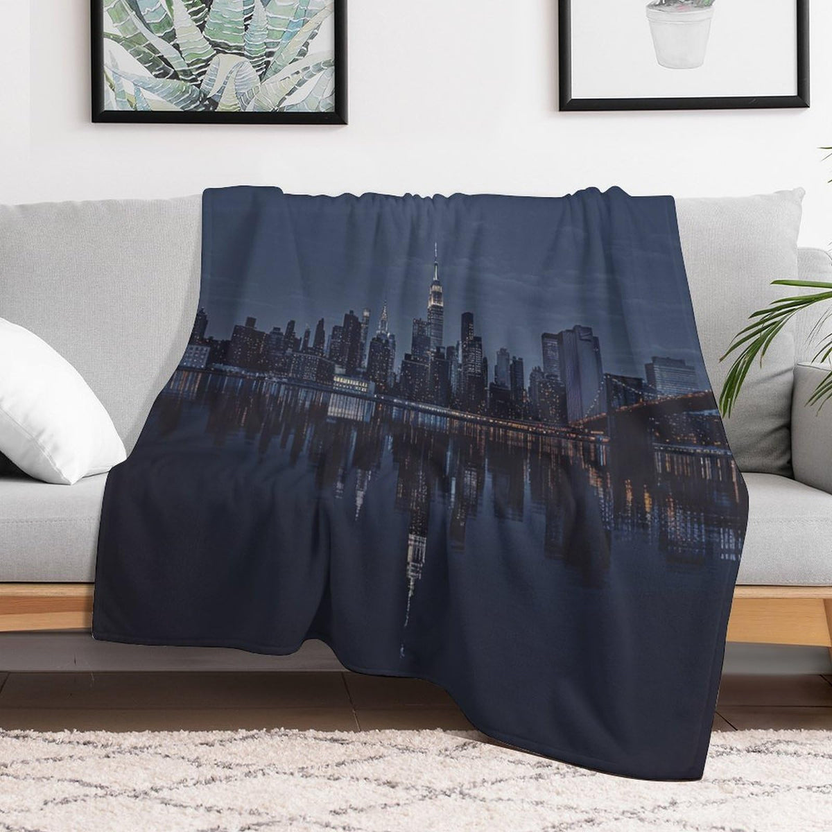 TOWINSFB Night City Scenery Flannel Throw Blanket, Soft Lightweight Cozy Warm Modern Cityscape River Blanket for Couch Bed Travel- 30"x40"