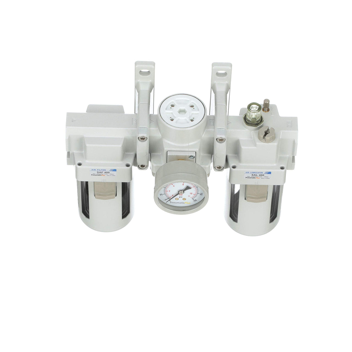 PneumaticPlus SAU400-N04G Compressed Air Filter Regulator Lubricator Combo 1/2" NPT - Poly Bowl, Manual Drain, Bracket, Gauge