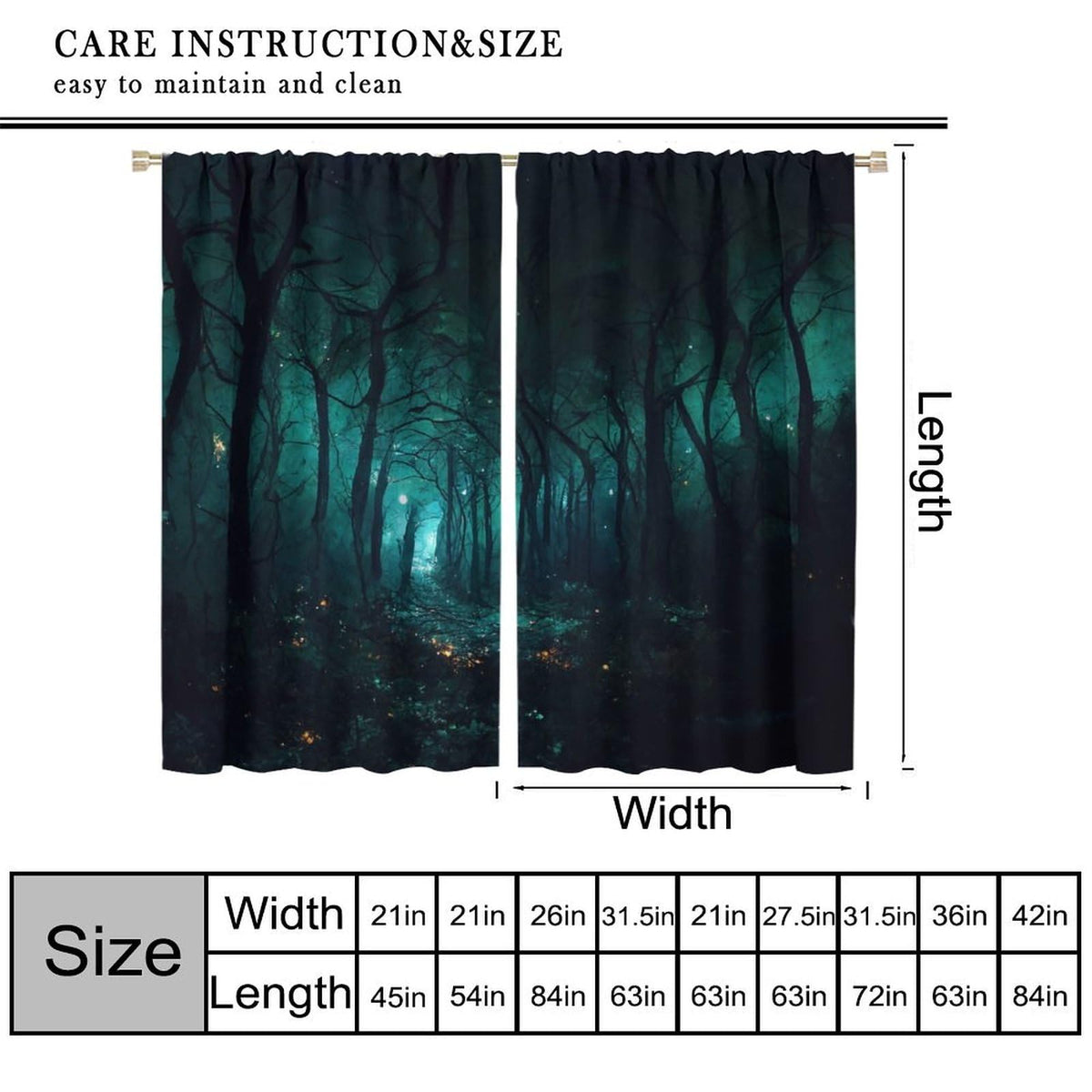SHElifestyle Gothic Forest Curtains, Darkness Spooky Window Treatments, Creepy Horror Dark Tree Halloween Fireflies Window Drapes for Bedroom Living Room Kitchen W42 X L45
