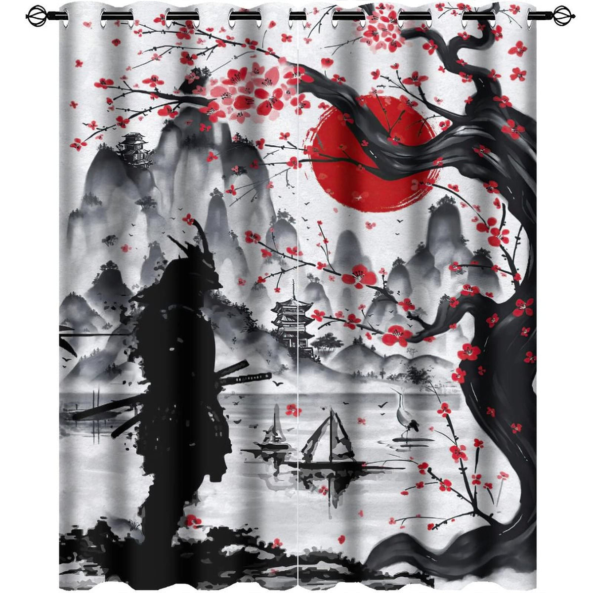 Retro Japanese Blackout Curtains for Bedroom,Watercolor Ink Samurai Red Sun Mountain Cherry Blossoms Grommet Thermal Insulated Room Darkening Curtains Window Curtains 2 Panels 45L x 21W