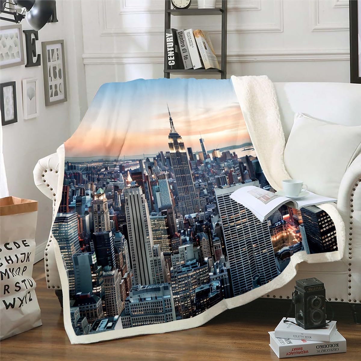 Feelyou New York Sherpa Blanket New York City Manhattan Skyline Cityscape Fleece Throw Blanket Contemporary Artistic Sunset Landscape Fuzzy Blanket for Sofa Bed Couch,Throw 50x60 Inches