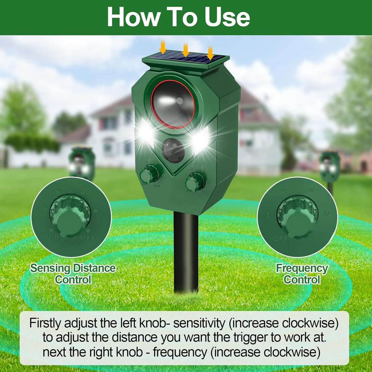 Ultrasonic Animal Repeller Outdoor - Cat Repellent & Deterrent with PIR Sensor & Flashing Light,Solar Powered Deer Repellent for Squirrel,Raccoon,Skunk,Rabbit,and Dogs,IP65 Waterproof （4 Pack）