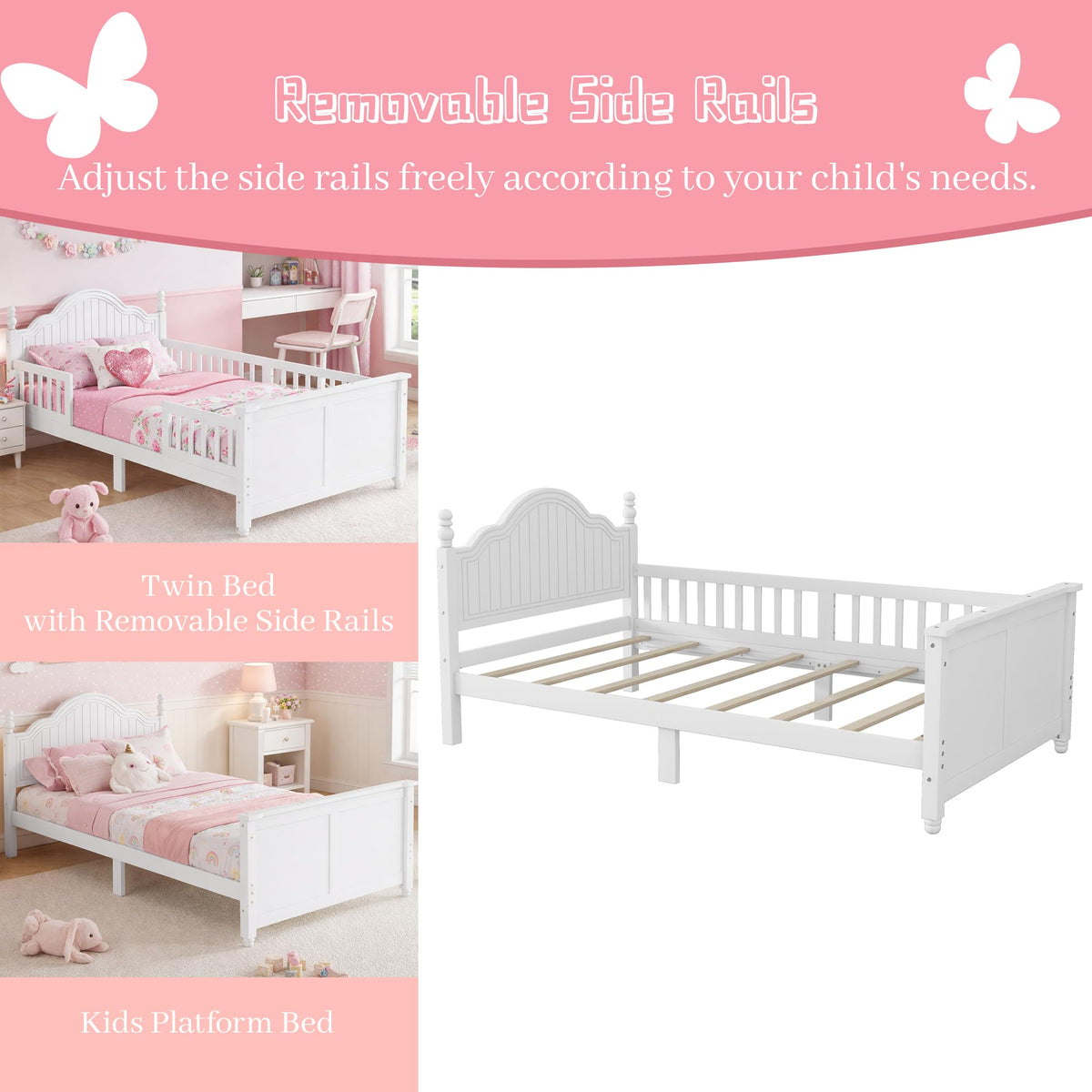OYUMOENTS Twin Bed with Rails, Low Profile Twin Bed Frame with Rails & Headboard, Wood Kids Platform Beds with Footboard for Boys & Gilrs, No Spring Box Required, No Squeaks, White