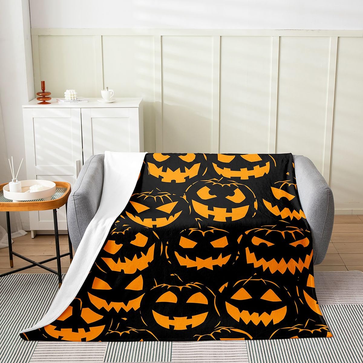 Feelyou Spooky Pumpkin Fleece Throw Blanket Halloween Themed Flannel Blanket Plush Fuzzy Trick or Treat for Bed Couch Chair Living Room Graveyard Throw 50"x60" Orange and Black Bedroom Decor