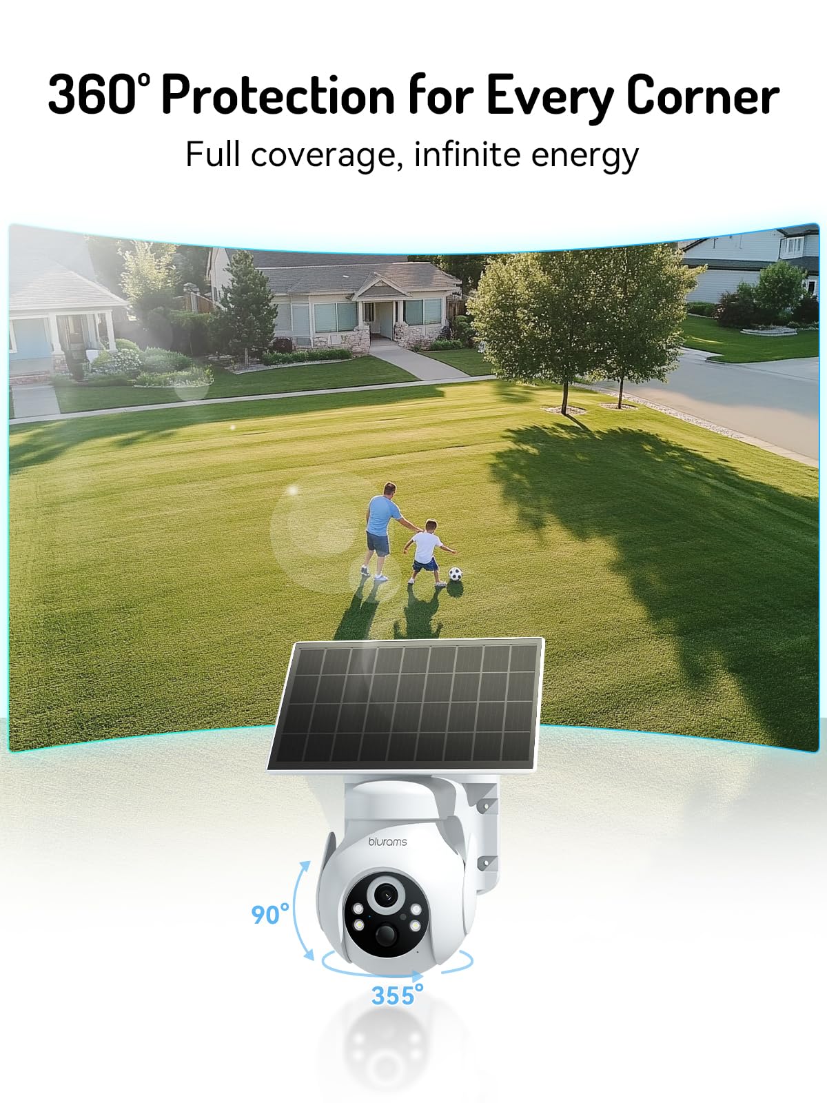 blurams 2K Solar Outdoor Camera Wireless, 360° PTZ Security Cameras Wireless Outdoor with Human Auto Tracking, R/Color Night Vision, Battery Powered, Compatible with Alexa, 2.4GHz Only, 2Pack