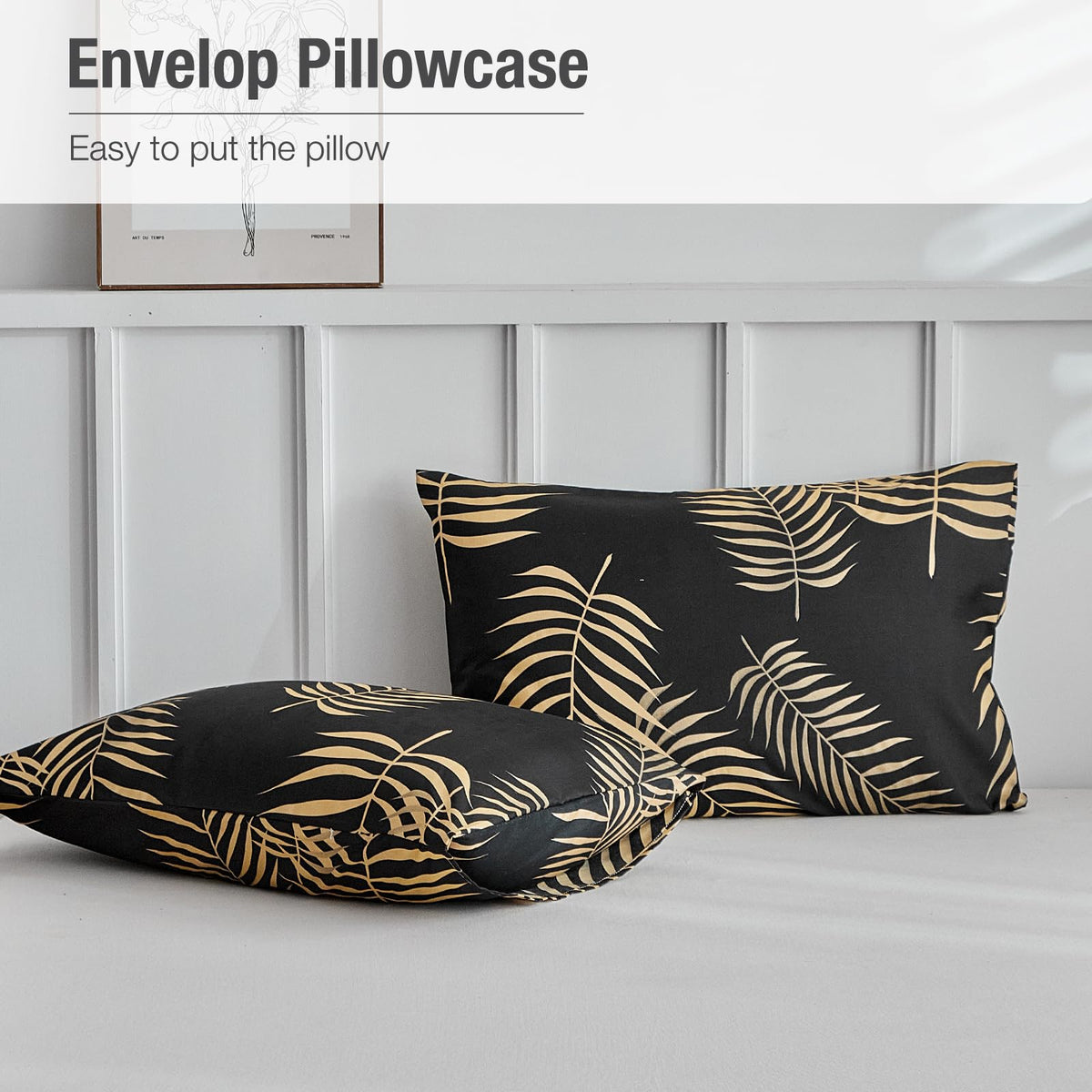 Lekesky King Duvet Cover Set, Black and Gold Tropical Palm Leaf Pattern Comforter Cover King Size, 3 Pieces Soft Microfiber Bedding Sets with Zipper & 2 Pillowcases, Comforter Not Included