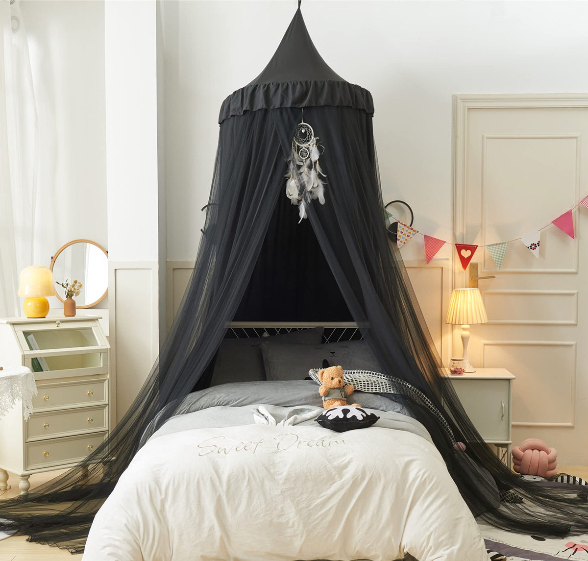 VETHIN Bed Canopy for Girls,Princess Round Dome Dreamy Mosquito Net Bedding Girls Room Castle Play Tent Hanging House Decor Reading Nook Canopies (Black/Black)