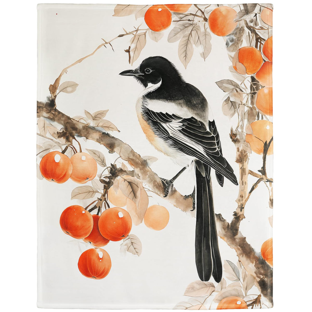 Persimmons & Magpie Blanket, Traditional Art Home Decor, Super Soft Fleece Throw Blankets for Couch Sofa Bed, 50" x 60"