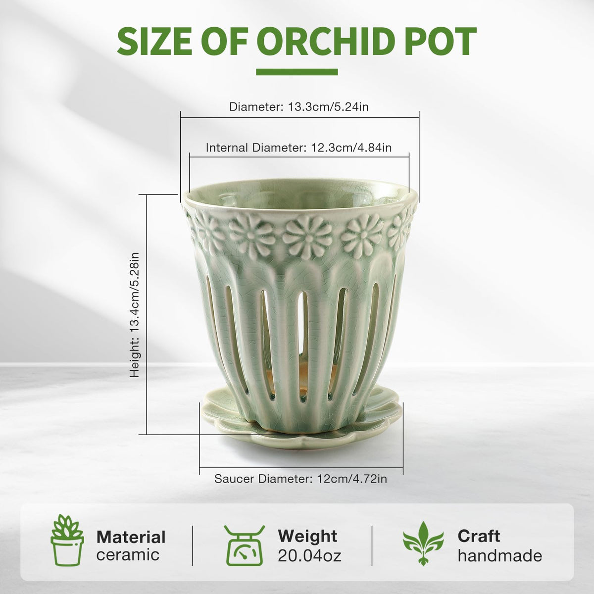 SUADEN 5" Ceramic Orchid Pots with Holes | Crackle Glazed Orchid Pot with Drainage and Separate Saucer | Ideal Plant Pot for Repotting Orchids and Other Flowers(Green)