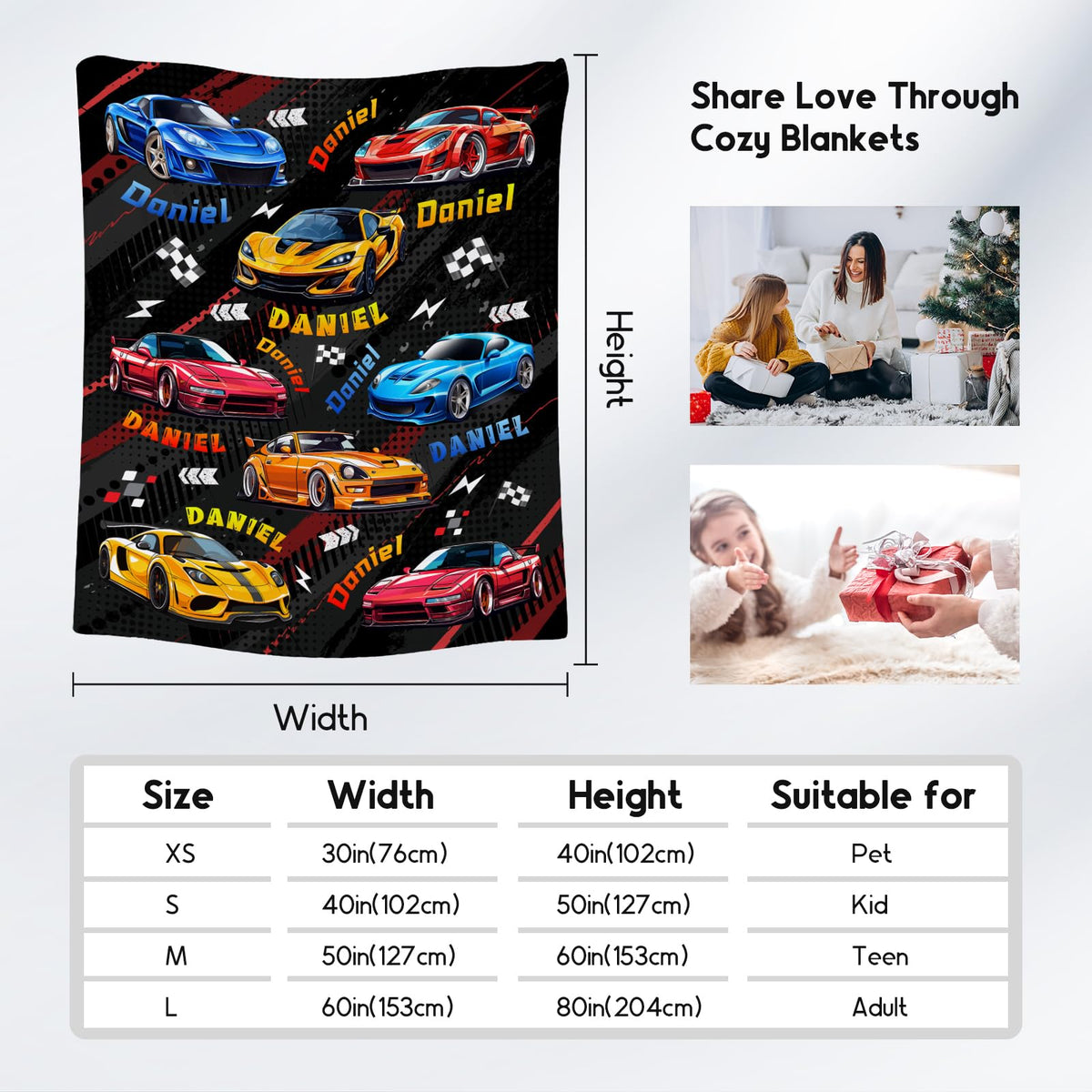 AIOMXZZ Kids Blanket for Boys, Personalized Racing Car Blankets Gifts for Toddler Teens, Custom Car Themed Flannel Throws with Name, 4 Size
