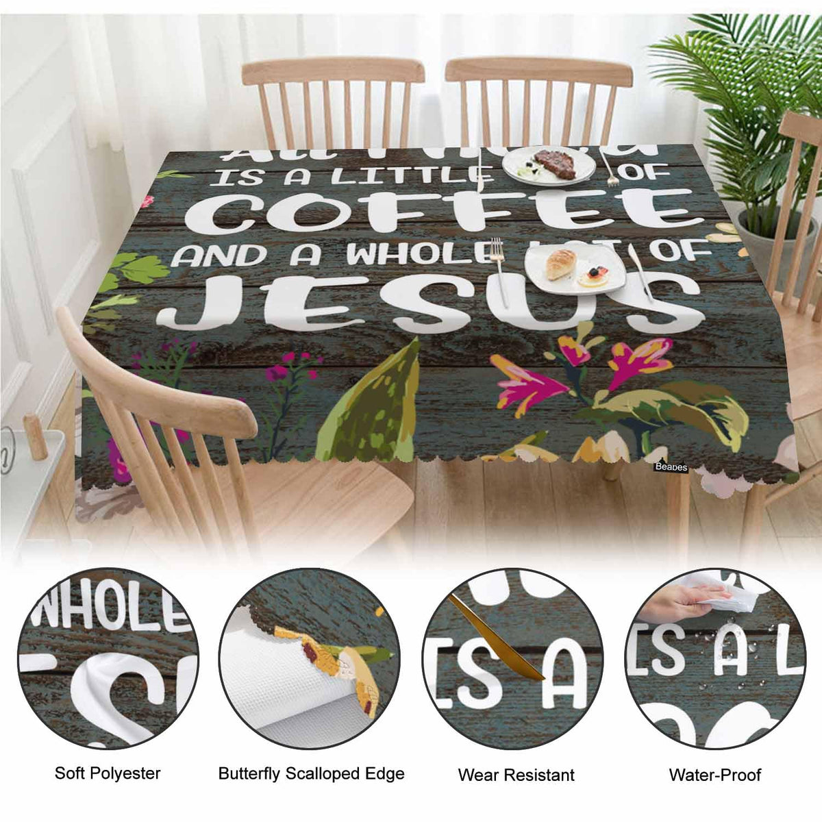 Beabes Bible Quote Decorative Tablecloth, Christian Verse Kitchen Table Cover Oblong 52"X70" Tablecloths Dining Table Cloth Buffet Parties Patio and Camping All I Need is A Whole Lot of Jesus