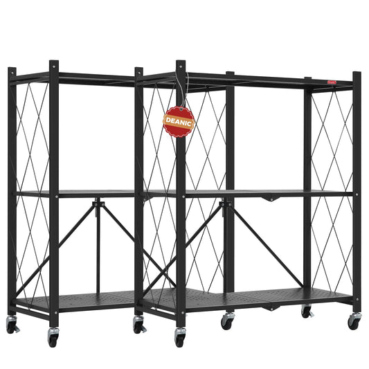 DEANIC 3 Tier Foldable Storage Shelves with Wheels, Kitchen Appliance Stand, Freestanding Metal Wire Shelf Rack, No Assembly Organizer Rolling Cart for Garage, Basement, Pantry(Black Pack of 2)