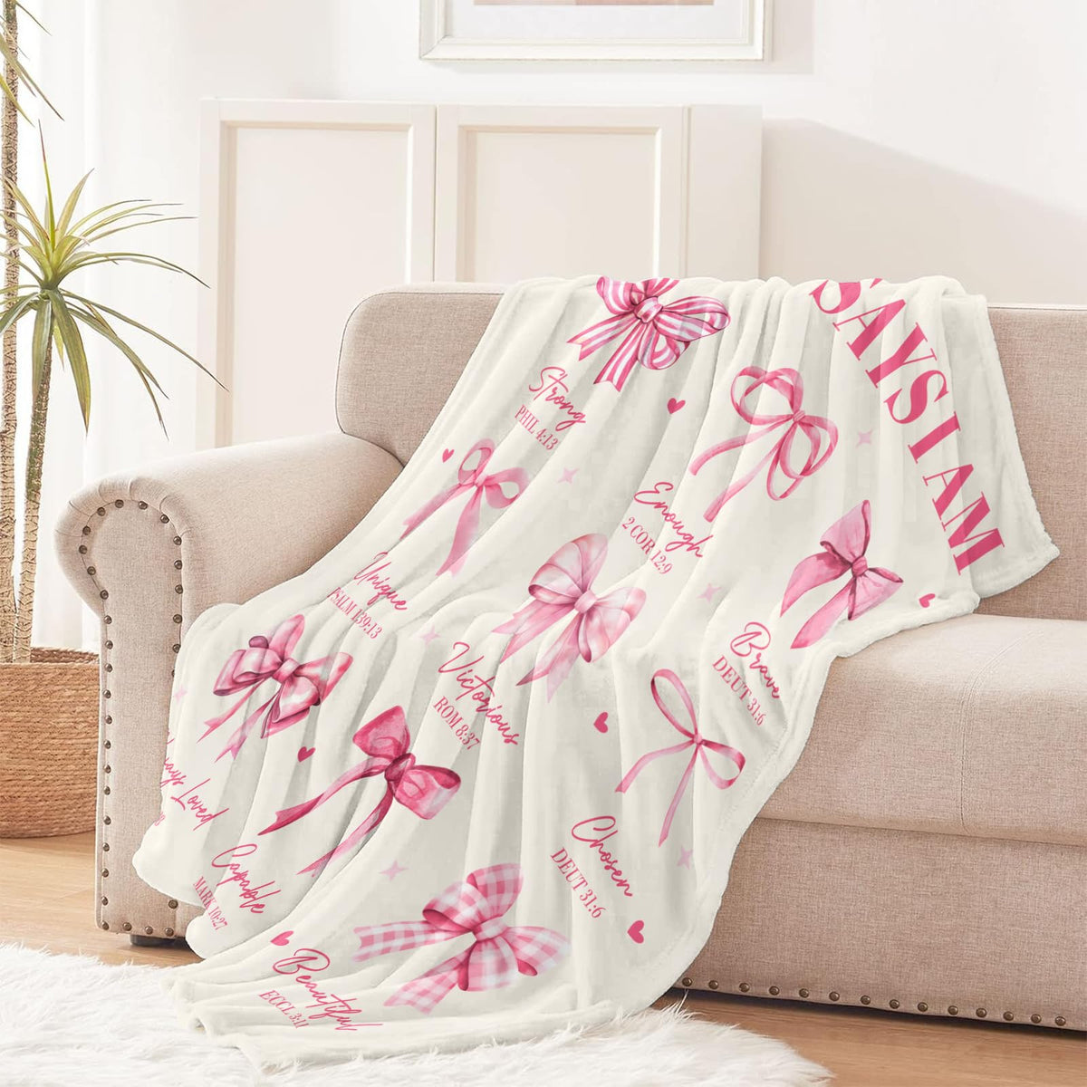 Christian Gifts for Women, God Says I Am Throw Blanket 50"X60", Inspirational Religious Birthday Gifts for Coquette Pink Bow Bible Verse Blanket, Christian Faith Jesus God Prayer Gift for Christmas