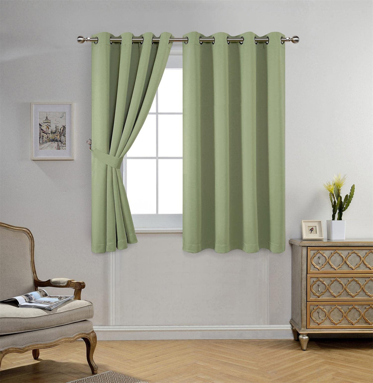 MIUCO 1 Pair Thermal Insulated Grommet 52-Inch-by-63-Inch Blackout Window Curtain Panels with 2 Tie Backs, Sage