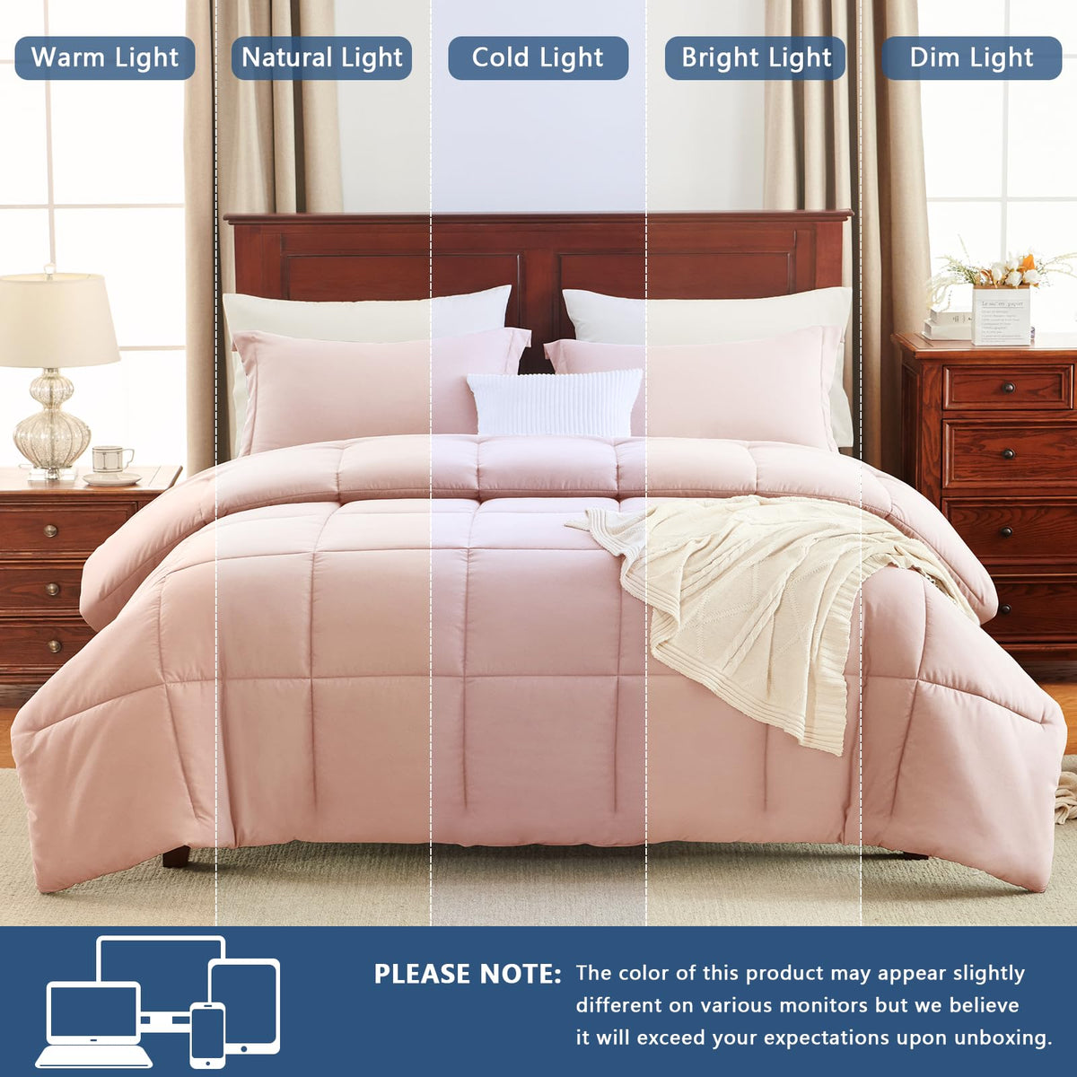 CozyLux Queen Comforter Set - 270GSM Blush Pink Bedding Sets for All Seasons, 3 Pieces Box Stitched Bed Set with 1 Down Alternative Comforter and 2 Pillow Shams, Soft, Lightweight, Breathable