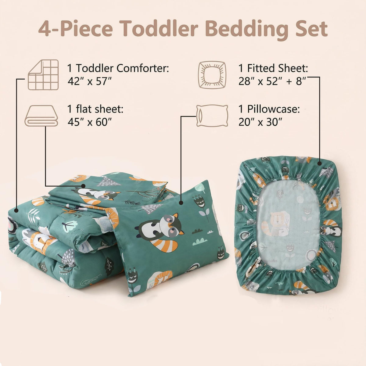 JSD Green Forest Animals Toddler Bedding Set, 4 Piece Bed-in-Bag Toddler Comforter Sheet Set, Machine Washable