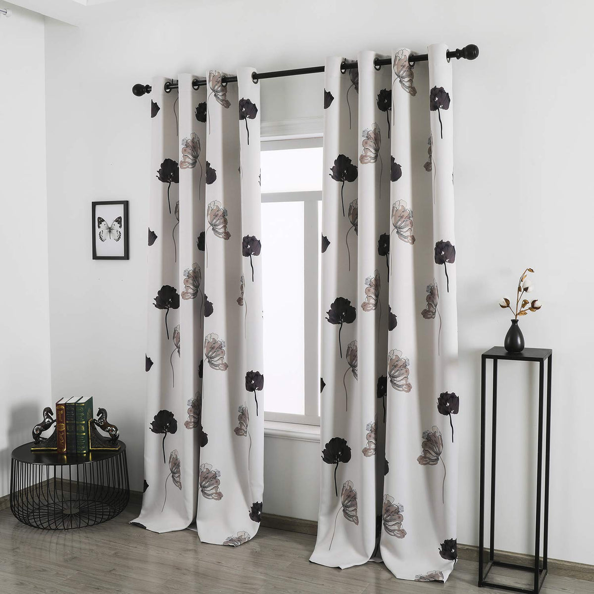Taisier Home Floral Print Thermal Insulated Bedroom Heat Absorbing Room Darkening Energy Efficient Savings Living Room Window Curtain Grommet Panels, Set of 2, 52 W x 95 L, Black/Grey/Brown