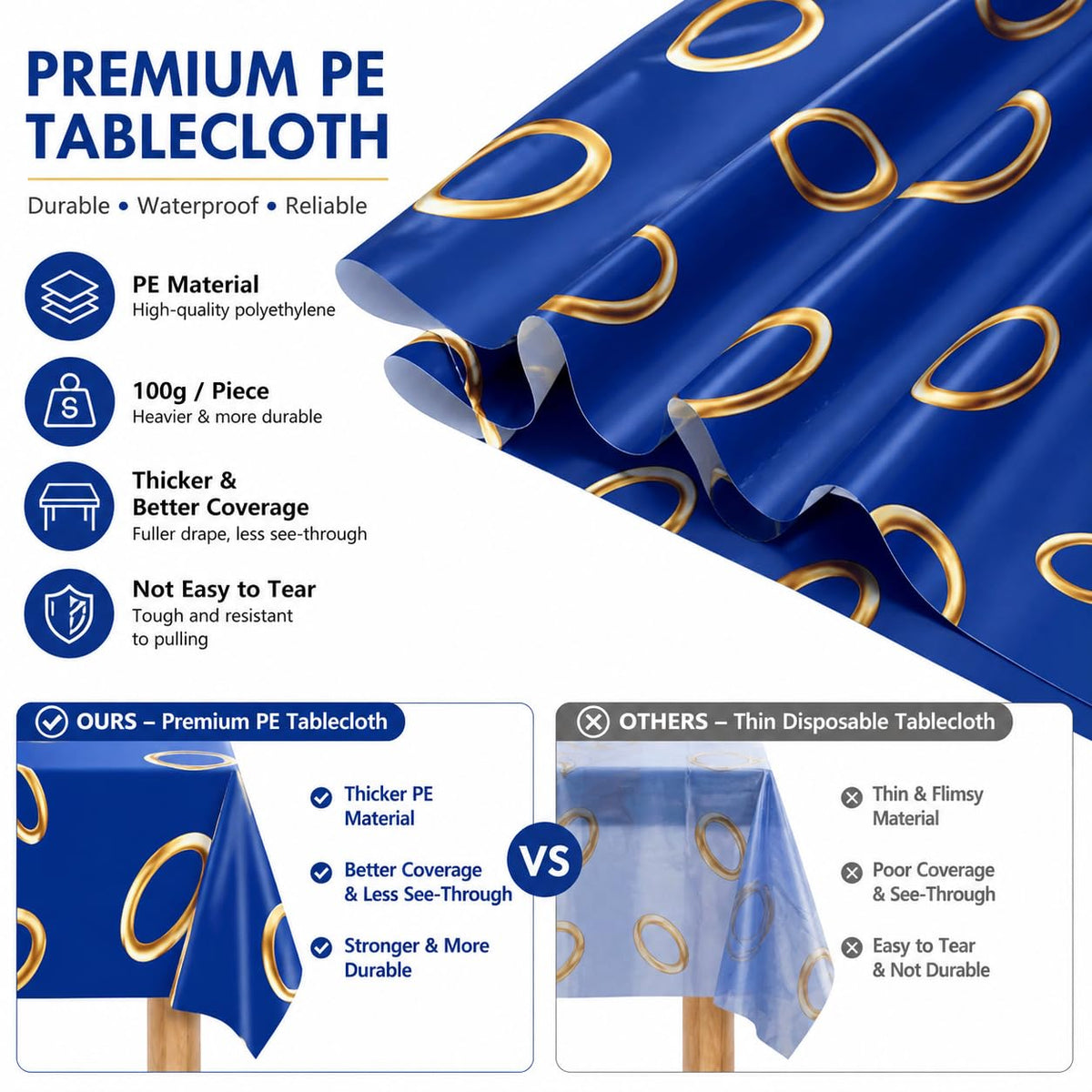 ANLLECR 3Pcs 108 x 54 Inches Blue with Gold Ring Print Tablecloth，Blue Disposable Rectangle Plastic Table Cover for Boys Girls Birthday Party Decoration