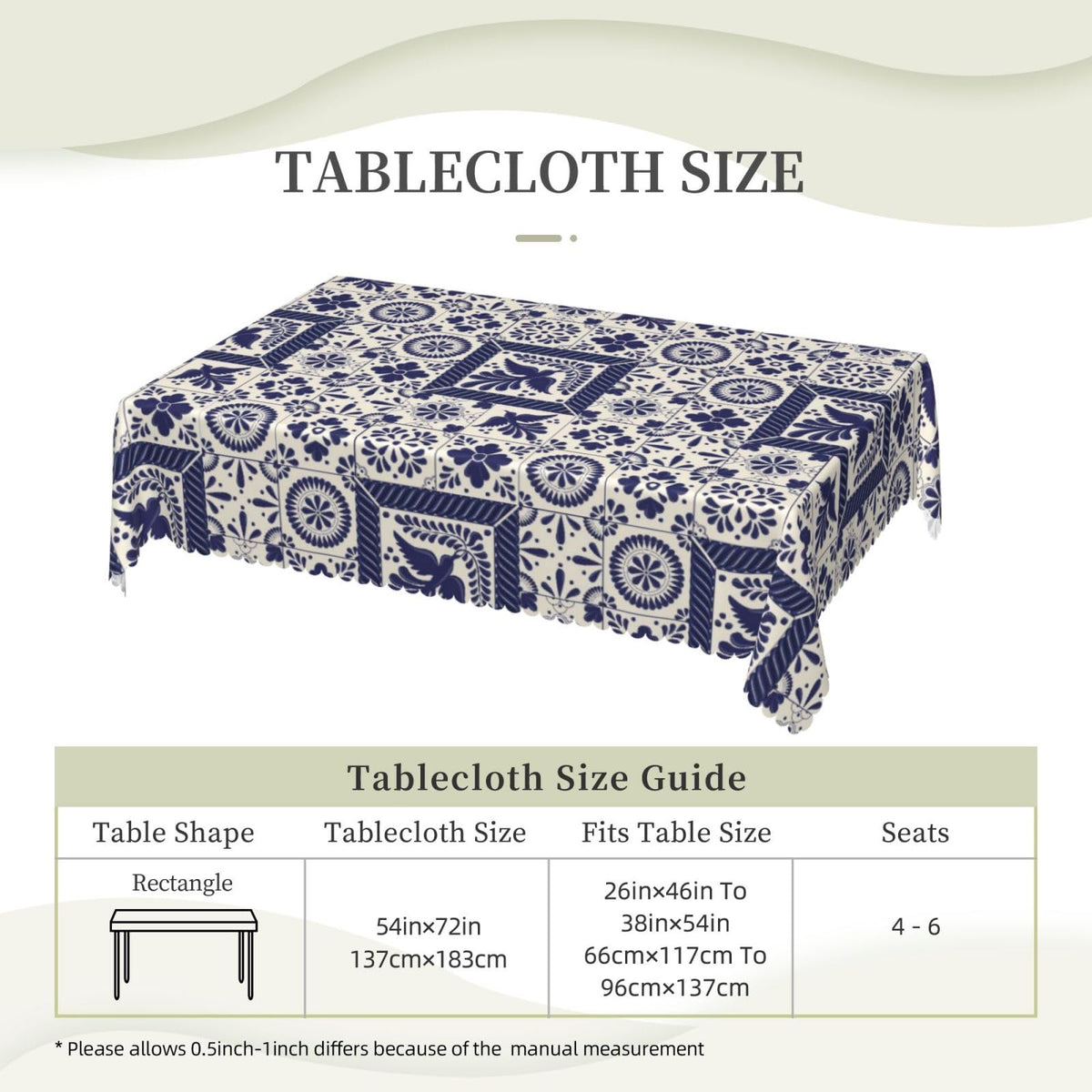 VIMPEYDON Floral Bird Mexican Table Cloth for Dining Tables, Reusable Blue Patchwork Tiles Tablecloths Holiday Talavera Tile Tabletop Decoration Rectangle Table Cover for Home,Kitchen,Party,54x72Inch