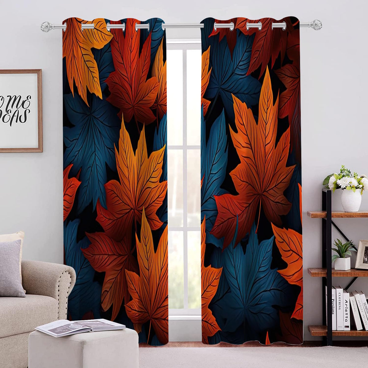 Brown Maple Leaves Blackout Curtains 2 Panels, Simple Plant Texture 3D Print Drapes with Top Grommet for Sliding Glass Door Bedroom Living Room Boy Girl Bedroom Balcony(52" W x 63 "L)