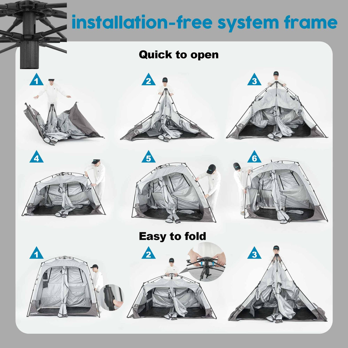 Porayhut Portable Camping Shower Tent Deluxe Changing Room Easy Set Up Privacy Shelter,Large Toilet Tent 2 Rooms with Floor Drain Design for Beach, Camping,Hiking with Stakes and Ropes for Stability